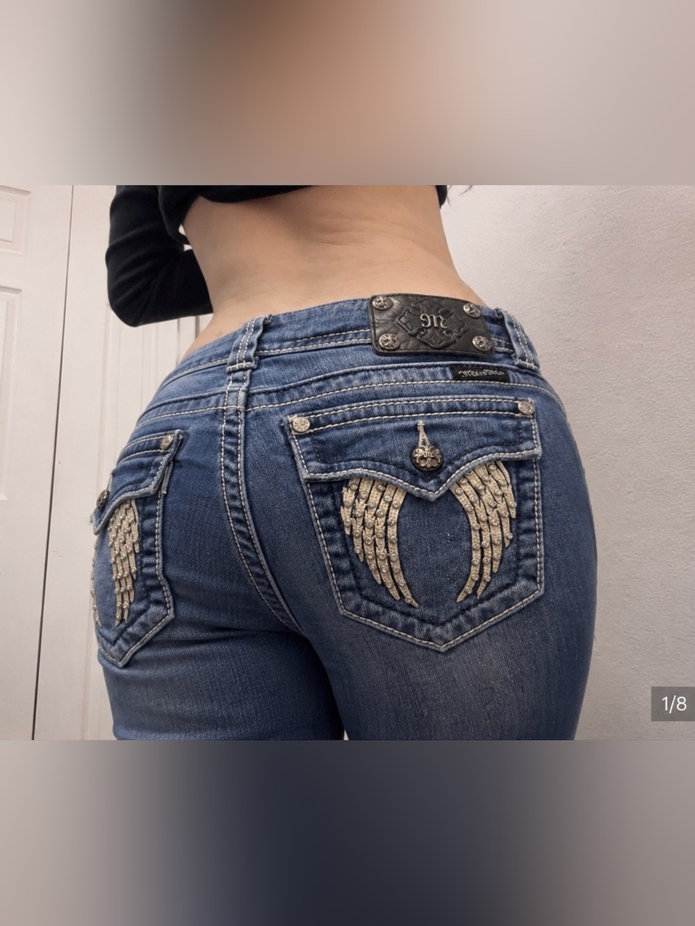 Miss Me Wings blue low rise bootcut jeans with LOTS of rhinestones